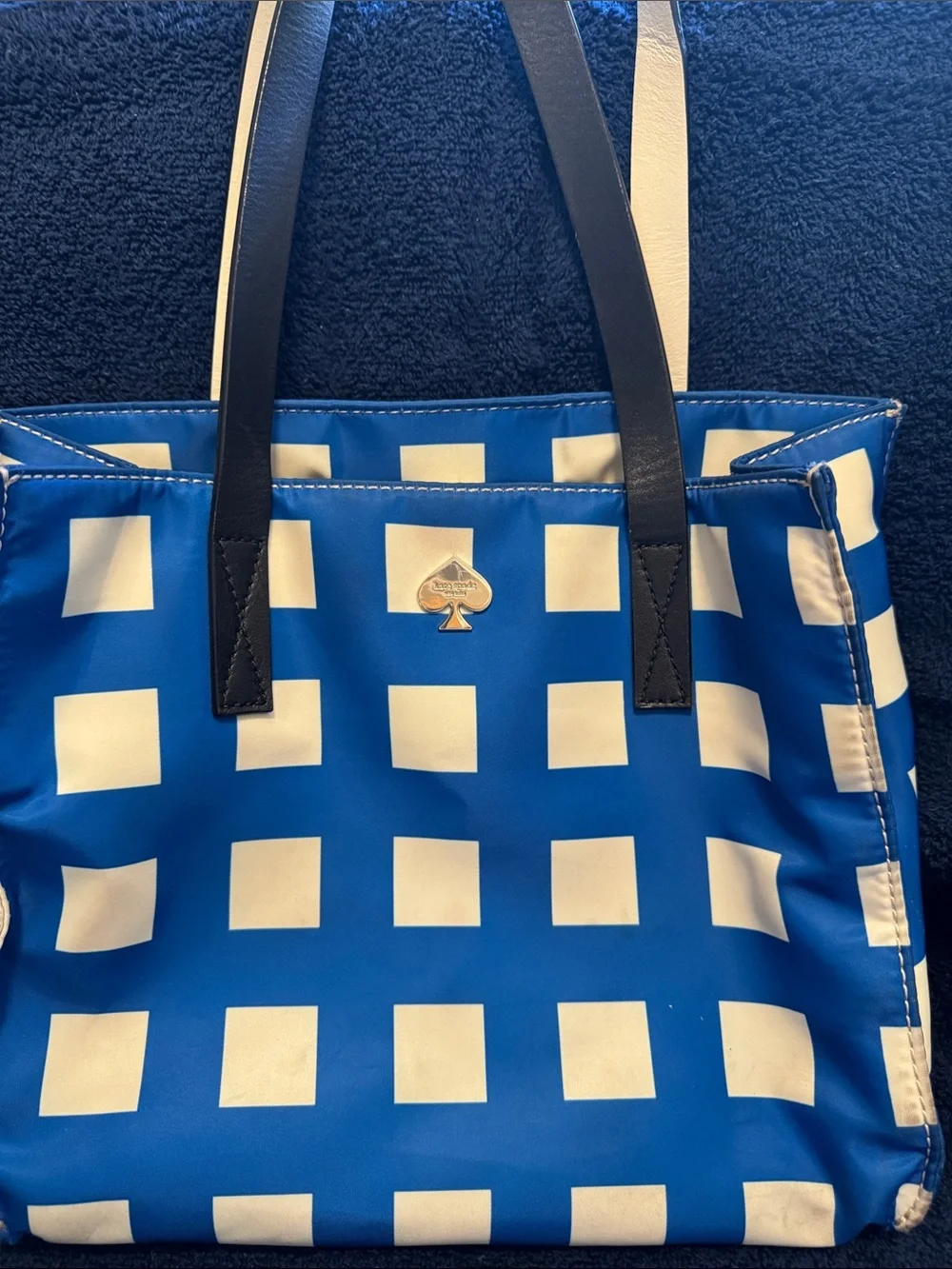 kate spade Blue and White Check Tote with Navy Straps